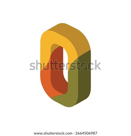 Vibrant 3D isometric letter D or number zero with colorful layers, isolated on white.