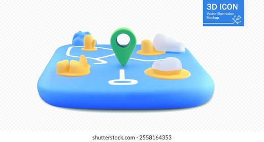 A vibrant 3D map representation shows various location markers and small terrain features. It highlights a green pin pointing to a specific area, conveying navigation concepts.