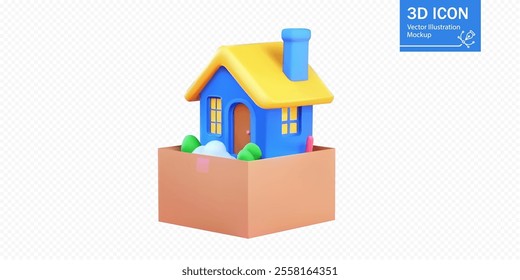 A vibrant 3D model of a cute house featuring a yellow roof, blue walls, and decorative elements, placed inside a cardboard box. The design is playful and inviting.