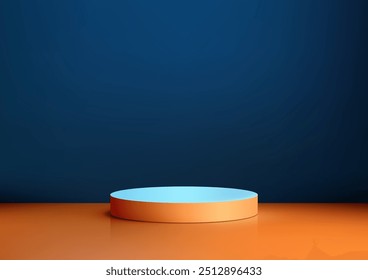 Lebendige 3D Orange und Blue Podium Display auf Orange Plattform auf blauem Hintergrund, moderne Produkt-Mockup und Showcase mit kontrastreichen Hintergrund für kreative Präsentationen