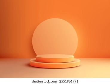 Vibrant 3D orange toned scene featuring circular platforms on a peach floor with a smooth gradient wall, product displays, mockups, and modern showroom showcases