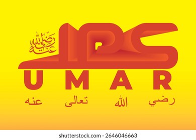 Vibrant 3D orange "UMAR" with "May Allah be pleased with him" in English. Ideal for Islamic themes, history, and spirituality.