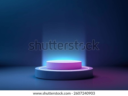 vibrant 3d purple and blue neon light cylinder podium against a dark gradient background, technology mockups, product displays, and futuristic showcase concepts with glowing lighting effects