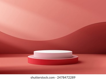 Vibrant 3D Red and White Podium with Light Beam on Pink Background for Contemporary Product Display and Modern Concept Mockups