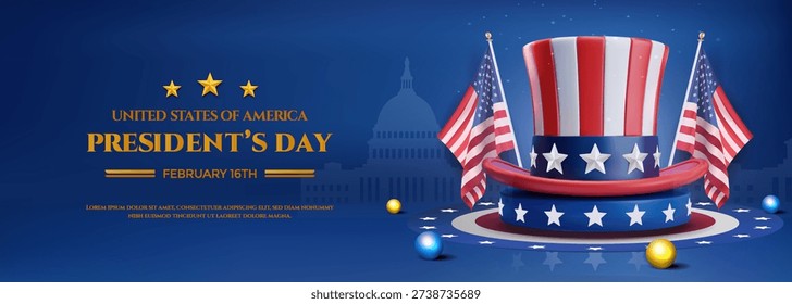 Vibrant 3D rendered graphic features a stylized Uncle Sam top hat and waving American flags set against a dark blue background with the Capitol Building silhouette, creating an ideal banner for Presidents Day promotions and sales.