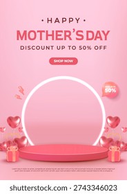 Vibrant 3D rendered illustration features a happy Mothers Day discount banner with a pink product display podium surrounded by heart balloons and gift boxes, offering ample copy space.
