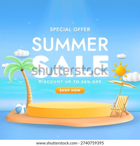 Vibrant 3D rendered illustration showcases a special summer sale offer with a discount up to 50 percent off, featuring a prominent product podium on a tropical island setting, beach ball, umbrella, and beach chair, perfect for holiday promotions and advertisements.