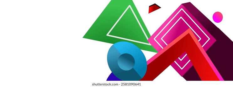 A vibrant 3D rendering featuring a green triangle, blue torus, red arrow, and magenta diamond against a clean white backdrop. Modern design with geometric shapes and vivid colors.