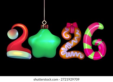 Una vibrante ilustración de representación 3D de la tipografía de números del Nuevo año 2026 en un estilo festivo con Elementos realistas de decoraciones navideñas como un sombrero de Santa rojo, estrella verde y coloridos bastones de caramelo perfectos para saludos navideños Anuncios y materiales creativos de marketing