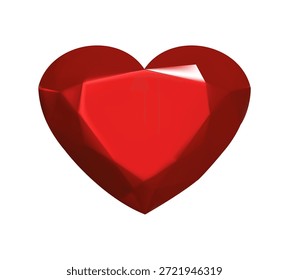 Eine lebendige 3D-Rendering-Illustration eines roten herzförmigen Edelsteins mit brillanten Schnitten und funkelnden Reflexionen einzeln auf weißem Hintergrund, perfekt für Schmuckdesign, Vektorgrafiken oder ein romantisches Geschenksymbol
