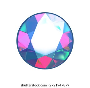Eine lebendige 3D-Rendering-Illustration eines runden facettierten Edelsteins mit brillanten Schnitten und funkelnden Reflexionen mit bunten blauen rosa und grünen irisierenden Farben einzeln auf weißem Hintergrund