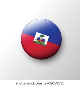Un vibrante Botón redondo en 3D de la bandera de Haití que muestra sus campos rojo y azul y el emblema del escudo nacional centrado.