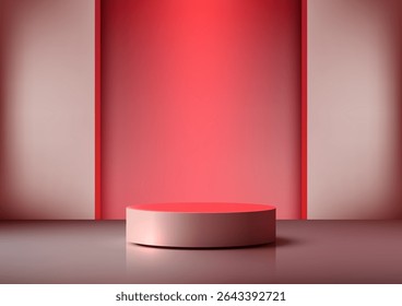 Vibrant 3d scene featuring 3D soft red cylindrical podium on a reflective surface, perfect for modern product display mockups with depth and contrast in a sleek showroom setting