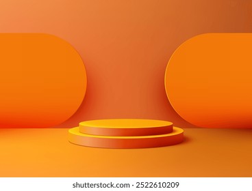 A vibrant 3D scene with an orange podium and large circular elements set against a warm orange background. Ideal for product displays, mockups, and creative presentations in a modern style