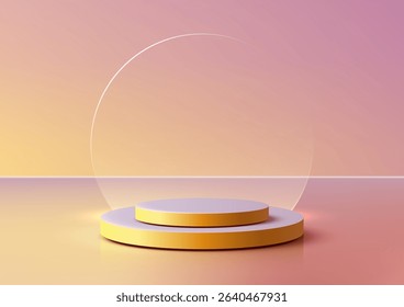 vibrant 3D two tiered circular podium, yellow base and purple top, Set against orange and pink gradient background and framed translucent ring, this modern concept, product display mockups