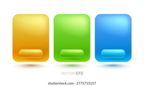 Vibrant 3D UI elements with glossy buttons for web and app design. Yellow, green, and blue blocks. Vector illustration.