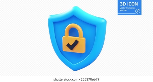 Vibrant 3D vector illustration of a blue shield with a yellow lock and checkmark. Perfect for cybersecurity, data protection, or privacy concepts in digital design.