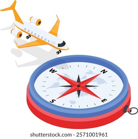 A vibrant 3D vector illustration featuring an orange airplane in flight beside a detailed compass with a red and blue frame.