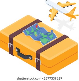 A vibrant 3D vector illustration featuring an orange travel suitcase adorned with a world map and red destination marker, accompanied by a flying airplane. Perfect for travel-related designs, websites