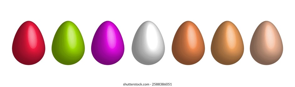 Vibrant 3D vector illustration featuring eggs of various bright red green purple colors, bold hues isolated on white background. Happy Easter themes. Spring celebrations. clipart. Colorful pattern