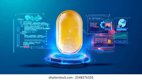 Una vibrante Ilustración vectorial 3D de una cápsula dorada brillante rodeada de interfaces de datos holográficos, que representa tecnología avanzada, atención médica o innovación en la ciencia médica