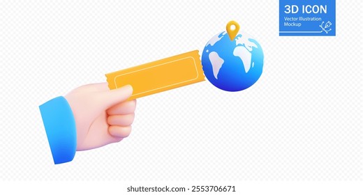 Vibrant 3D vector illustration of a hand holding a yellow ticket next to a globe with a location marker. Perfect for travel, tourism, and booking concepts.