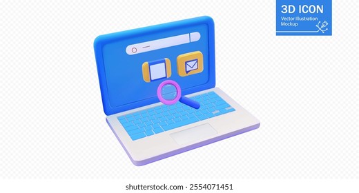 A vibrant 3D vector illustration of a laptop featuring search and mail icons on the screen, complemented by a magnifying glass. Perfect for technology, communication, and digital workspace themes.