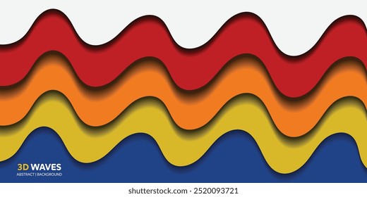 Vibrant 3D wave pattern in red, orange, yellow, and blue. Perfect for dynamic backgrounds, modern designs, and artistic textures. Ideal for digital art and creative projects.