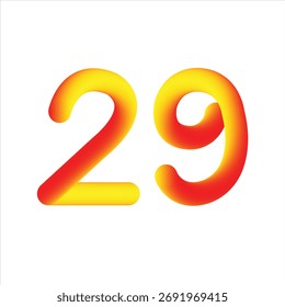Um número vibrante, renderizado em 3D 29 com um preenchimento suave e gradiente em transição de amarelo para vermelho, definido contra um fundo branco limpo.