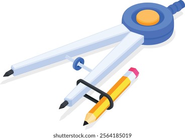 A vibrant 3D-style vector illustration of a drawing compass paired with a yellow pencil, perfect for representing design, engineering, architecture, or school-related themes.