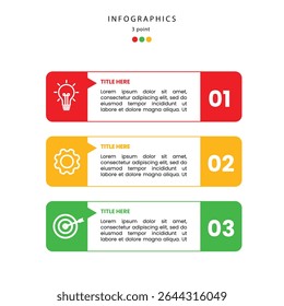 Vibrante Plantilla infográfica de 3 pasos con indicadores numéricos claros. Ideal para mostrar procesos, pasos u opciones en presentaciones, informes comerciales y materiales educativos. Fácil de personalizar