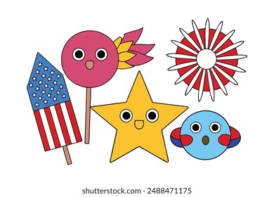 Vibrant 4th of July Illustrations: Cartoon Clipart and Line Art Designs for Print