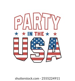 A vibrant 4th of July t-shirt design featuring red, white, and blue colors, patriotic symbols like stars, stripes, fireworks, and the American flag, paired with celebratory slogans such as " 