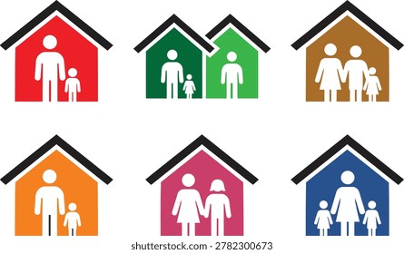 Vibrant 6 icon collection featuring colorful house shapes with white family silhouettes. Includes single parent, duplex neighbors, nuclear family, and multi child households. Bold black roof outlines with red, green, brown, orange, pink, and blue fills create high impact inclusive pictograms. Perfect for real estate platforms, housing programs, family services, adoption agencies, community outreach, insurance, and social services. Color coded designs ideal for categorizing demographics, housing types, and family status in apps, websites, infographics, and presentations. Clean vector format ensures crisp scaling for UI UX, print, and signage.
