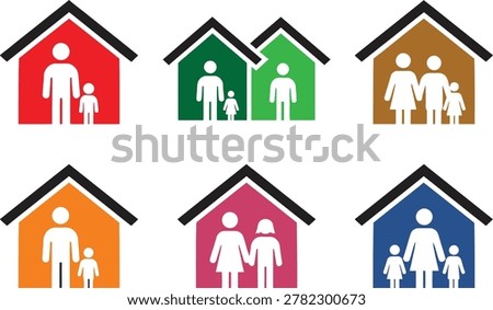 Vibrant 6 icon collection featuring colorful house shapes with white family silhouettes. Includes single parent, duplex neighbors, nuclear family, and multi child households. Bold black roof outlines with red, green, brown, orange, pink, and blue fills create high impact inclusive pictograms. Perfect for real estate platforms, housing programs, family services, adoption agencies, community outreach, insurance, and social services. Color coded designs ideal for categorizing demographics, housing types, and family status in apps, websites, infographics, and presentations. Clean vector format ensures crisp scaling for UI UX, print, and signage.