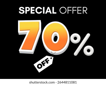A vibrant 70% off sale banner, perfect for advertising discounts.  The 3D-style numbers and tag create a dynamic and eye-catching design against a black background, ideal for online promotions and mar