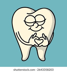 Personagem dentário vibrante estilo 70s - perfeito para clínicas ortodontistas e marca de produtos dentários