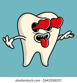 Vibrant 70s-style tooth character - perfect for orthodontist clinics and dental product branding. Eyes like hearts