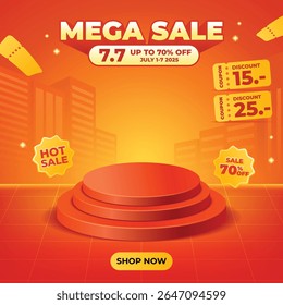 Bannière promotionnelle de 7,7 méga-vente éclatante avec podium rouge-orange, arrière-plan paysage urbain, bon de réduction à prix réduits et texte scintillant. Idéal pour les plateformes de e-commerce qui annoncent de grandes ventes.