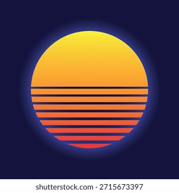 Vibrant 80s-style sunset graphic featuring orange stripes, yellow gradient, and glowing night backdrop
