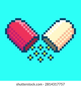 Vibrant 8-bit pixel art broken capsule pill. Illustrated in bold red and white and spilling glowing green magical particles, this retro game asset is perfectly suited for health-related projects