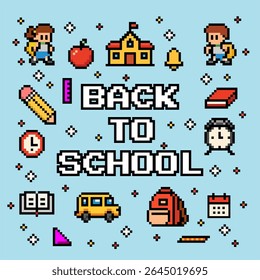 A vibrant 8-bit pixel art icon set themed around back to school. Includes colorful retro-style illustrations of school children, supplies, buildings, and academic elements such as backpacks, pencils, 