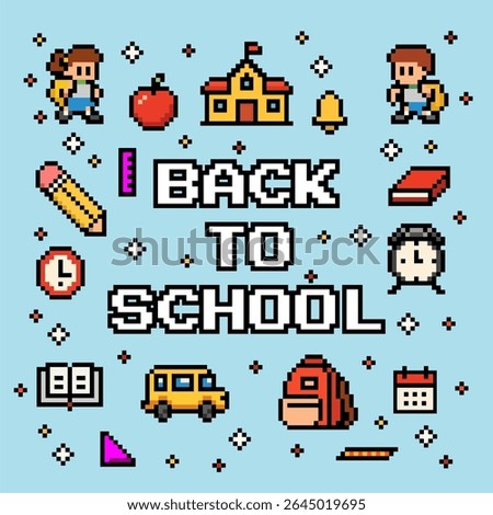 A vibrant 8-bit pixel art icon set themed around back to school. Includes colorful retro-style illustrations of school children, supplies, buildings, and academic elements such as backpacks, pencils, 