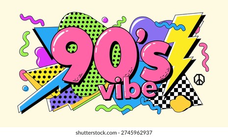 Vibrant 90s nostalgia design featuring pink bubble lettering, geometric shapes, lightning bolts, and Memphis patterns. Perfect for retro posters, t-shirts, and party decor