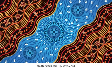 Vibrant Aboriginal Art Background with Blue and Red Wave Patterns