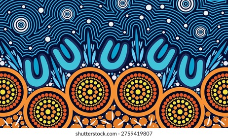 Vibrant Aboriginal Pattern with Circular Motifs and Wave Lines