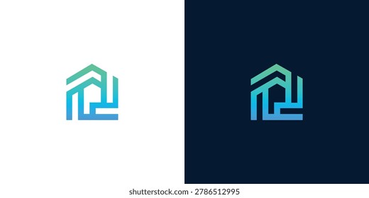 Vibrant abstract architectural logo in a dynamic green and blue gradient, representing innovation, secure foundations, and interconnected smart living solutions for modern technology companies
