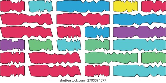 A vibrant, abstract arrangement of rectangular shapes with uneven, torn edges in a variety of bright colors.