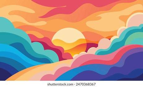 Vibrant abstract art depicting a sunset landscape with bold, wavy lines and vivid colors. Perfect for creative projects, digital artwork, or modern decor. Captures the dynamic beauty of nature.