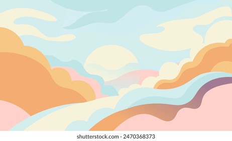 Vibrant abstract art depicting a sunset landscape with bold, wavy lines and vivid colors. Perfect for creative projects, digital artwork, or modern decor. Captures the dynamic beauty of nature.